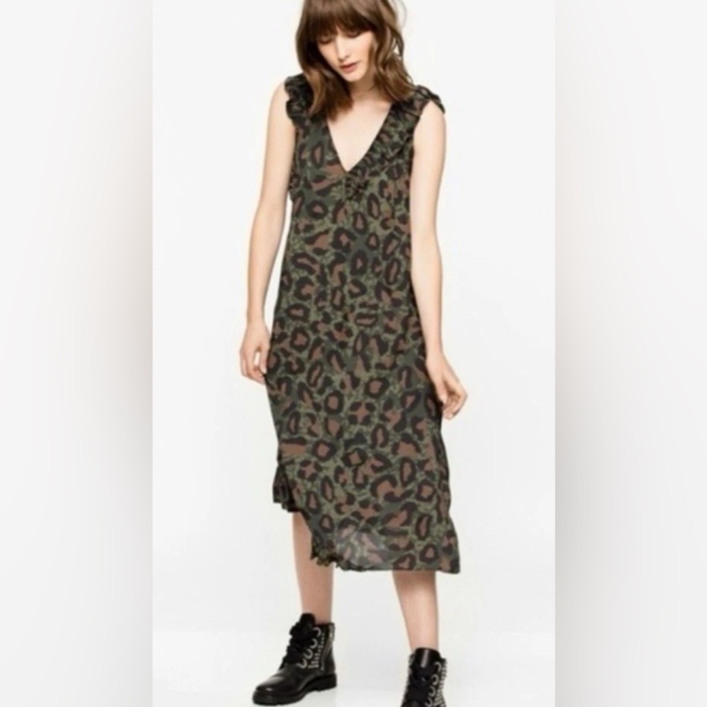 Zadig & Voltaire Green Black Rebelle Leo Midi Dress V Neck Leopard Size Small